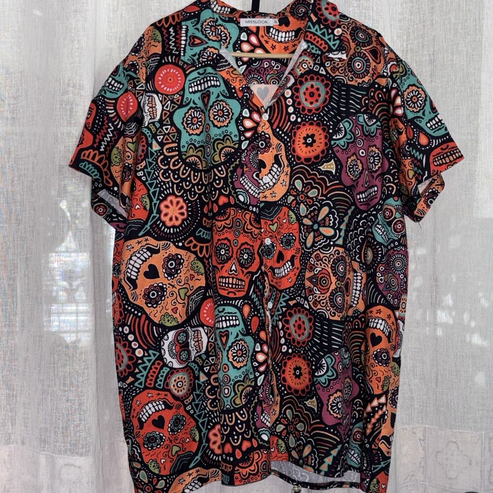 Mens Unisex Day of the Dead button Shirt 3x Short Sleeve Dia De Los Muertos Top